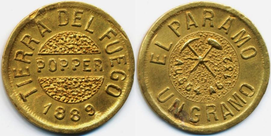 un gramo 1889 - Iulius Popper - Tierra del Fuego - moned� de aur de un gram b�tut� �n �ara de Foc