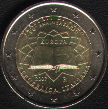 moneda de 2 euro emis� de Italia �n 2007 pentru aniversarea a 50 de ani de la semnarea Tratatului de la Roma