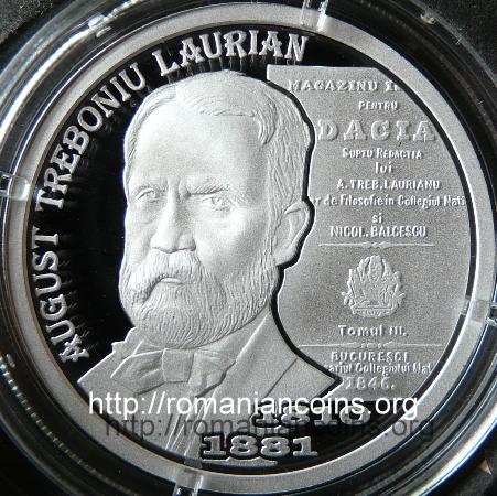 10 lei argint 2010 - istoricul August Treboniu Laurian - 200 de ani de la na�tere - revers