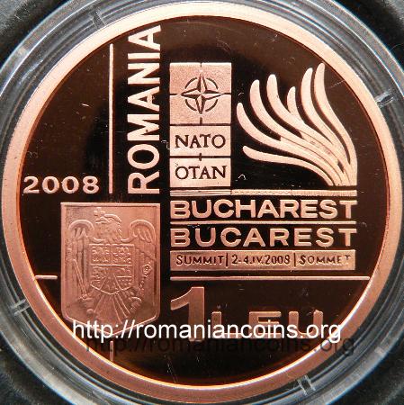 1 leu 2008 - tombac cuprat - Summitul Nato de la Bucure�ti - aprilie 2008