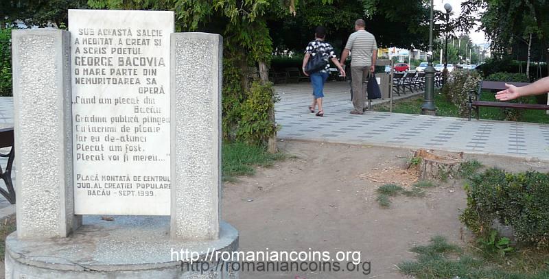 the willow of George Bacovia from a park in downtown Bacău - photo August 2010; on the memorial plaque installed in 1999 it is written: SUB ACEASTĂ SALCIE A MEDITAT, A CREAT ȘI A SCRIS POETUL GEORGE BACOVIA O MARE PARTE DIN NEMURITOAREA SA OPERĂ meaning UNDER THIS WILLOW POET GEORGE BACOVIA MEDITATED, CREATED AND WROTE A LARGE PART OF HIS IMMORTAL WORK and the verses: Când am plecat din Bacău / Grădina publică plângea / Cu lacrimi de ploaie / Iar eu de-atunci / Plecat am fost, / Plecat voi fi mereu... meaning When I left Bacău / The public garden was weeping / With tears of rain / And since then / Left I was / Left I will be always...