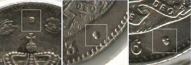 Ensign of Jos Allard mint in Brussells - details on the 50 bani 1873, 2 lei 1873 and 2 lei 1876 silver pieces (from left to right for the beholder)