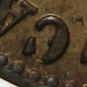 2 bani 1880 - litera C ntrerupt - detaliu de la piesa de deasupra