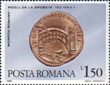 1988 - Aniversări - 1 leu și 50 de bani - sestert Traian - podul de la Drobeta