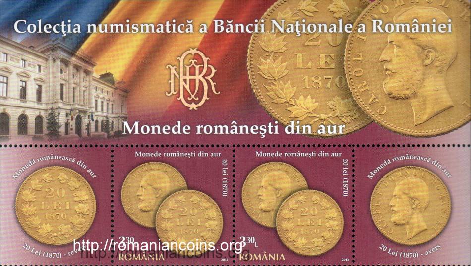 2013 - 3 lei și 30 de bani - 20 lei 1870 - timbru, două viniete și margine de minicoală (sînt 6 timbre și 6 viniete în fiecare minicoală)