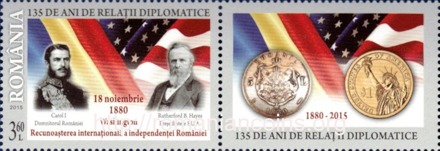 2015 - 135 de ani de relații diplomatice România  Statele Unite ale Americii - un timbru cu valoarea de 3 lei și 60 de bani