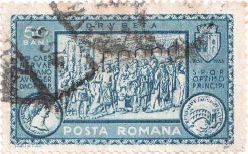 1933 - Centenarul orașului Turnu Severin - 50 de bani - sestert Traian - podul de la Drobeta