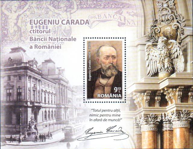 2010 - Eugeniu Carada - ctitorul Băncii Naționale - 9 lei și 10 bani - bancnota de 100 de lei din perioada 1881 - 1907 (fragment, în colțul din dreapta-sus a coliței)